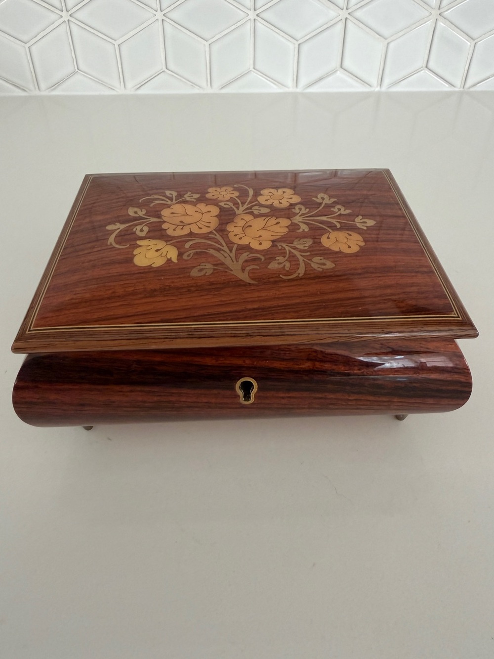 VINTAGE Reuge Inlaid Marquetry Floral Wooden Jewelry Box Made Italy Not Working